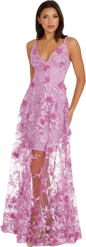 Dress the Population Women's Embellished Plunging Gown Sleeveless Floral Long Dress
