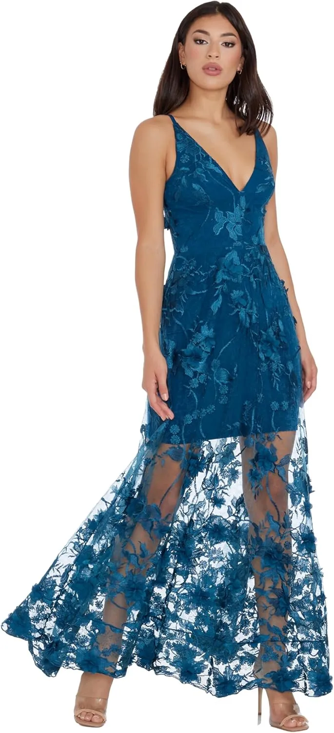 Dress the Population Women's Embellished Plunging Gown Sleeveless Floral Long Dress