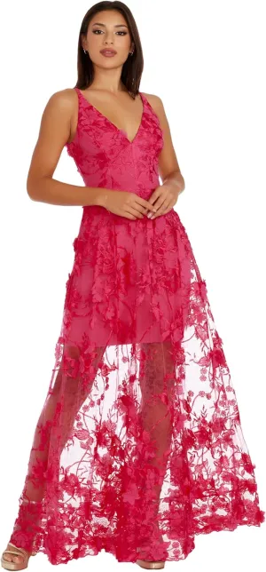 Dress the Population Women's Embellished Plunging Gown Sleeveless Floral Long Dress