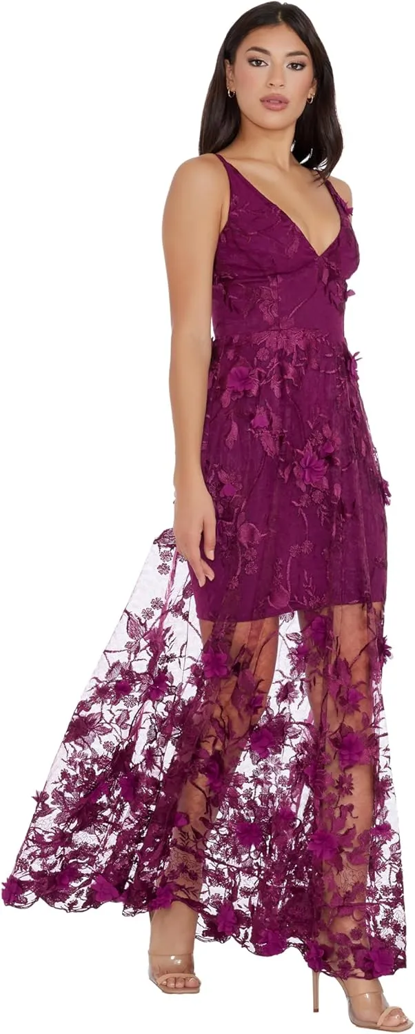 Dress the Population Women's Embellished Plunging Gown Sleeveless Floral Long Dress