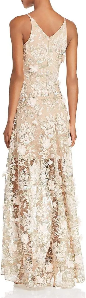 Dress the Population Women's Embellished Plunging Gown Sleeveless Floral Long Dress