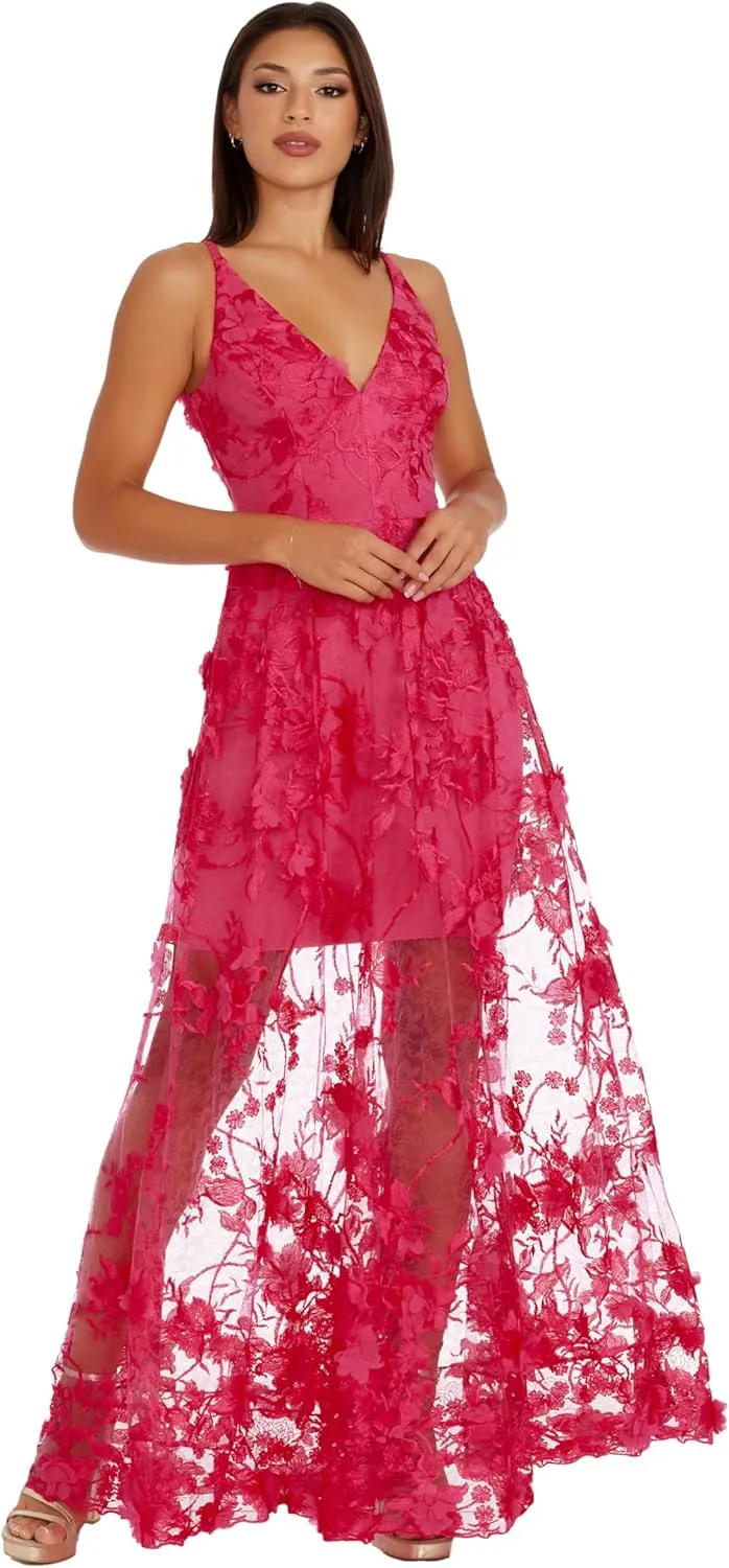 Dress the Population Women's Embellished Plunging Gown Sleeveless Floral Long Dress