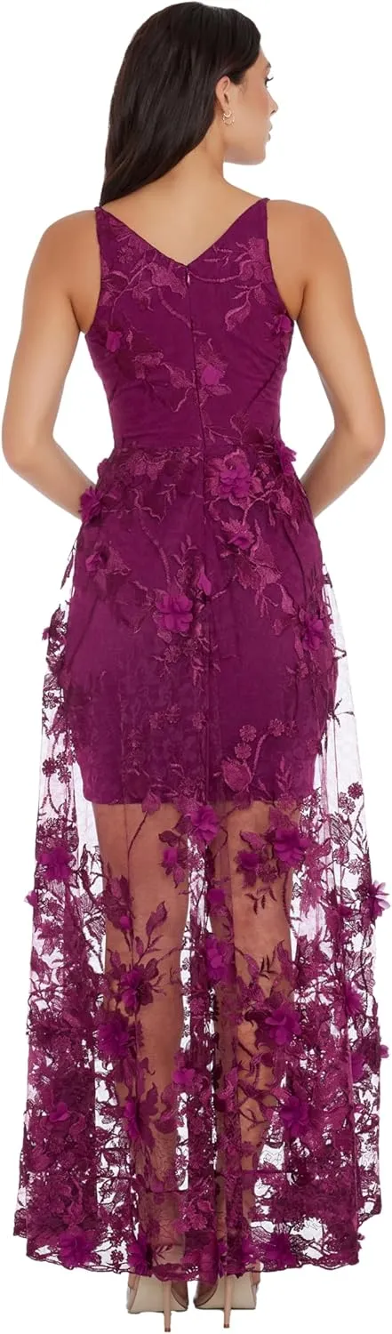 Dress the Population Women's Embellished Plunging Gown Sleeveless Floral Long Dress