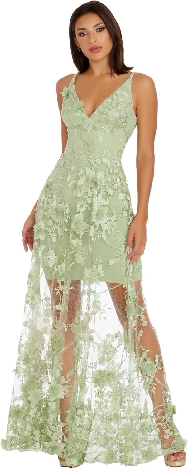 Dress the Population Women's Embellished Plunging Gown Sleeveless Floral Long Dress
