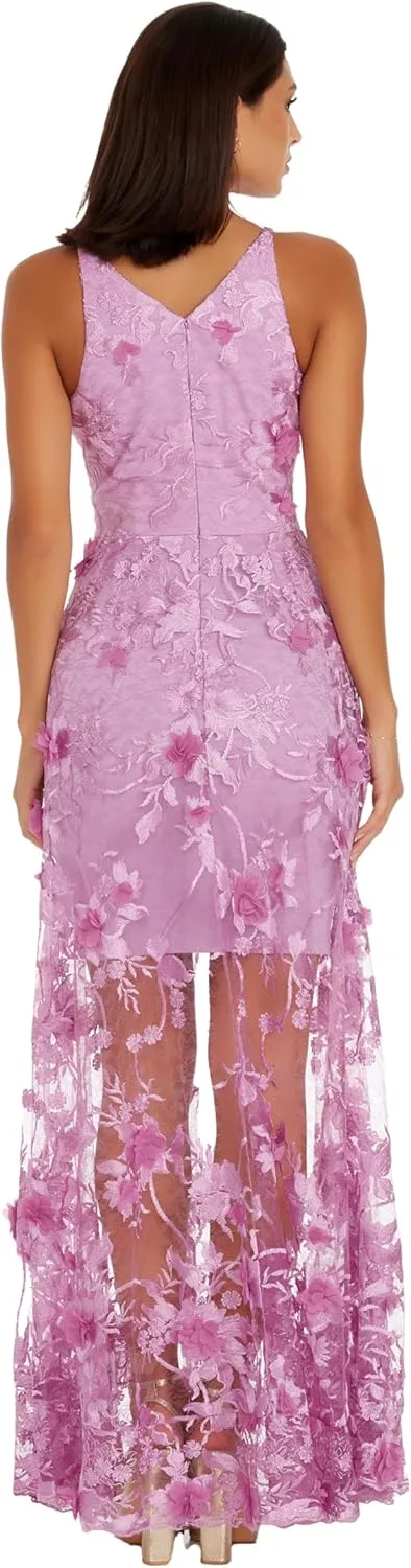 Dress the Population Women's Embellished Plunging Gown Sleeveless Floral Long Dress