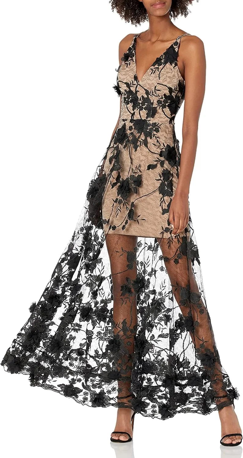 Dress the Population Women's Embellished Plunging Gown Sleeveless Floral Long Dress