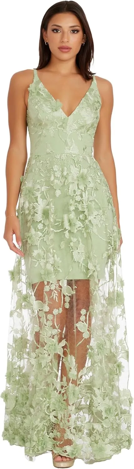 Dress the Population Women's Embellished Plunging Gown Sleeveless Floral Long Dress
