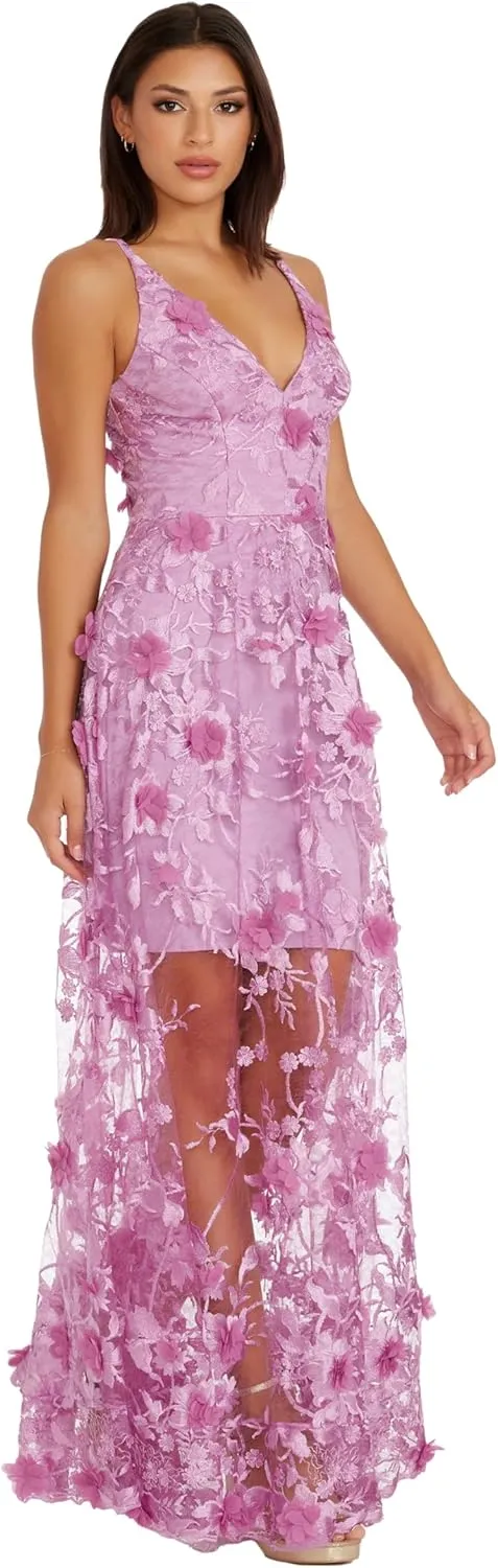 Dress the Population Women's Embellished Plunging Gown Sleeveless Floral Long Dress