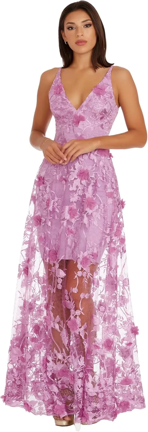 Dress the Population Women's Embellished Plunging Gown Sleeveless Floral Long Dress