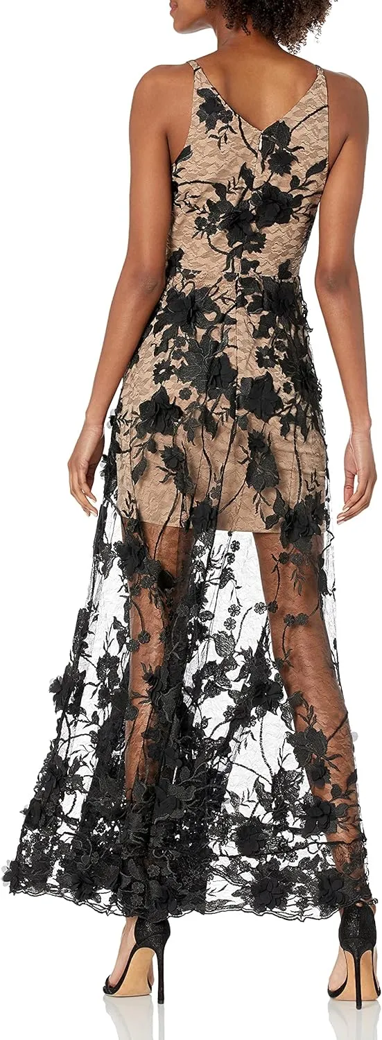 Dress the Population Women's Embellished Plunging Gown Sleeveless Floral Long Dress