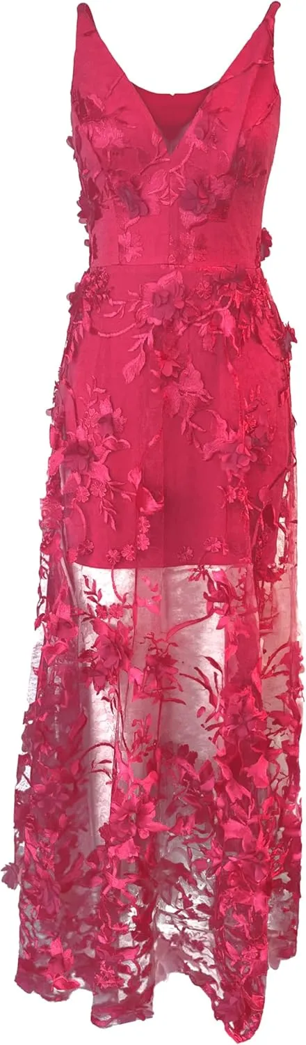 Dress the Population Women's Embellished Plunging Gown Sleeveless Floral Long Dress