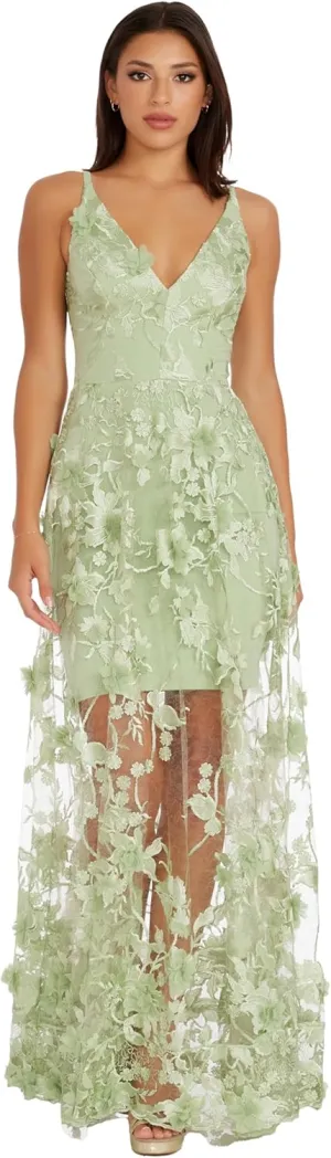 Dress the Population Women's Embellished Plunging Gown Sleeveless Floral Long Dress