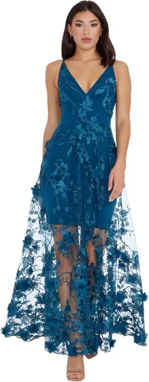 Dress the Population Women's Embellished Plunging Gown Sleeveless Floral Long Dress