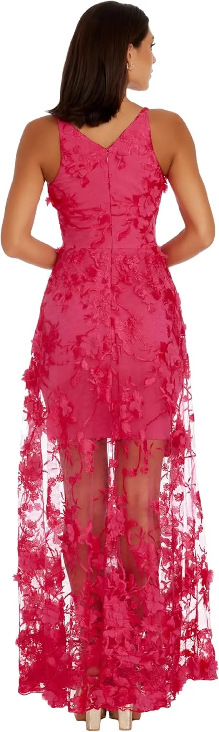 Dress the Population Women's Embellished Plunging Gown Sleeveless Floral Long Dress