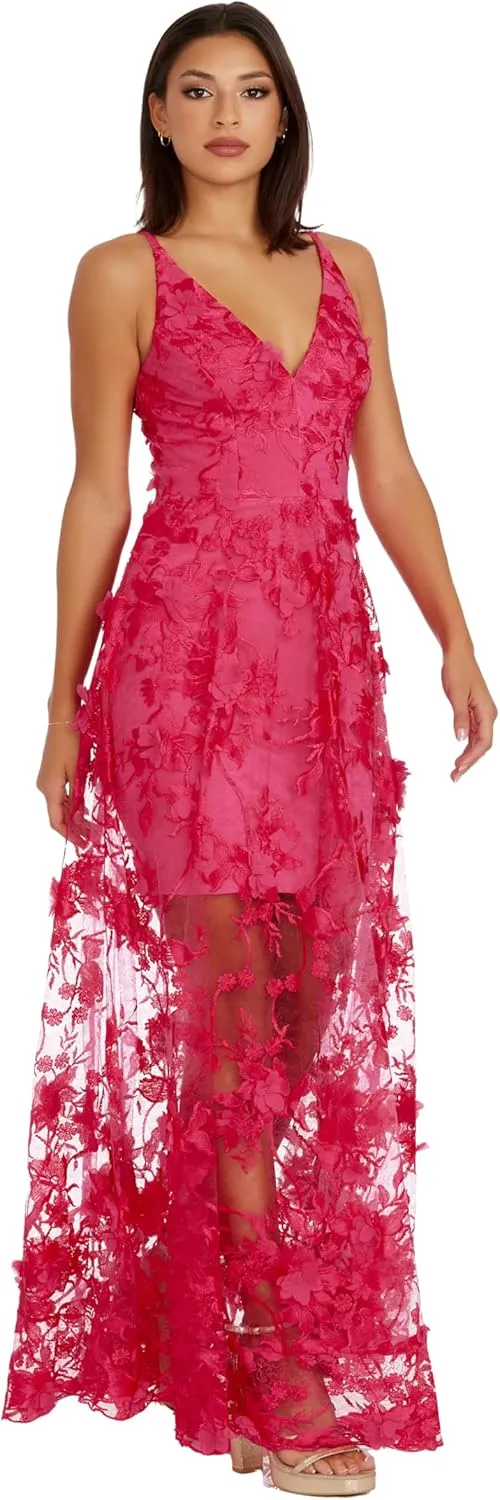 Dress the Population Women's Embellished Plunging Gown Sleeveless Floral Long Dress