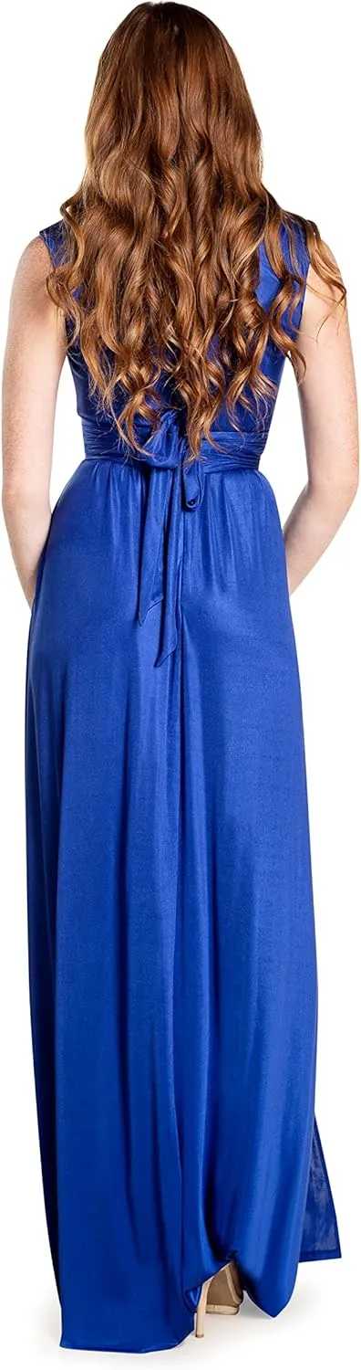 DRESS THE POPULATION Women's Krista V Neck Tie Waist Coated Jersey Slit Front Maxi Dress