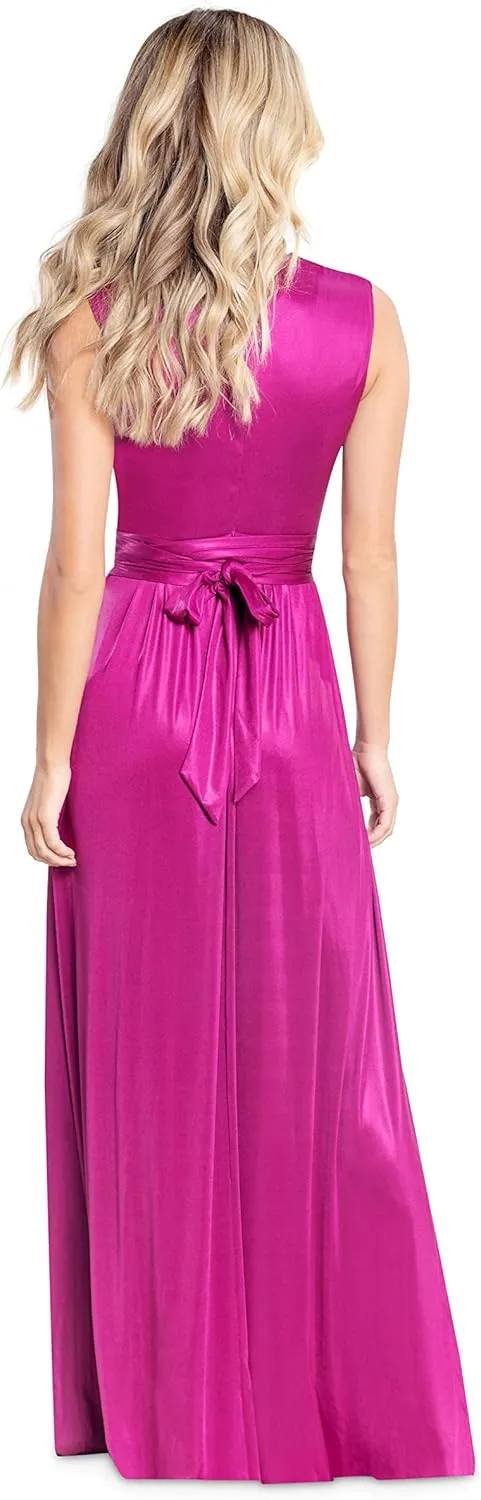 DRESS THE POPULATION Women's Krista V Neck Tie Waist Coated Jersey Slit Front Maxi Dress