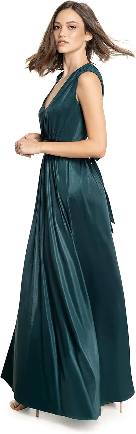 DRESS THE POPULATION Women's Krista V Neck Tie Waist Coated Jersey Slit Front Maxi Dress