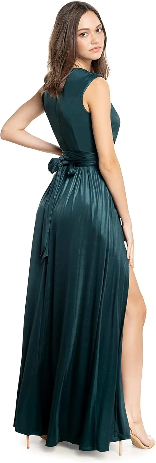 DRESS THE POPULATION Women's Krista V Neck Tie Waist Coated Jersey Slit Front Maxi Dress