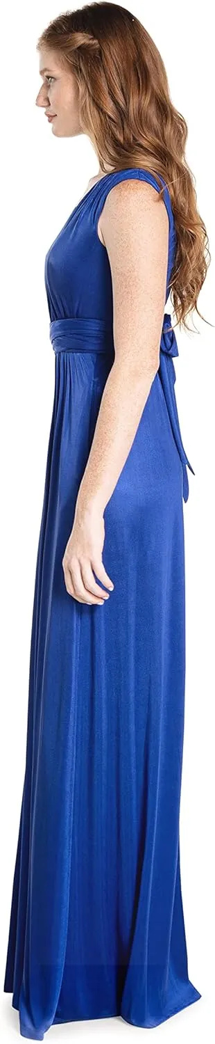 DRESS THE POPULATION Women's Krista V Neck Tie Waist Coated Jersey Slit Front Maxi Dress