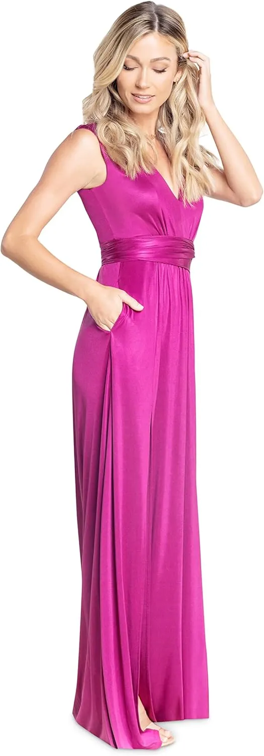 DRESS THE POPULATION Women's Krista V Neck Tie Waist Coated Jersey Slit Front Maxi Dress