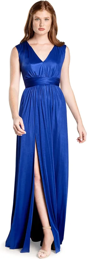DRESS THE POPULATION Women's Krista V Neck Tie Waist Coated Jersey Slit Front Maxi Dress