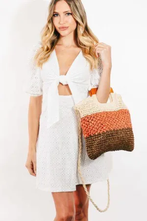 Dual Strap Color Block Braided Tote Bag