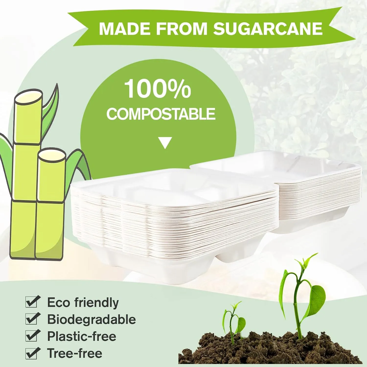 ECOLipak 50 Pack Clamshell Take Out Food Containers, 100% Compostable Disposable To Go Containers, 8X8 inch 3-Compartment Heavy-Duty To Go Boxes