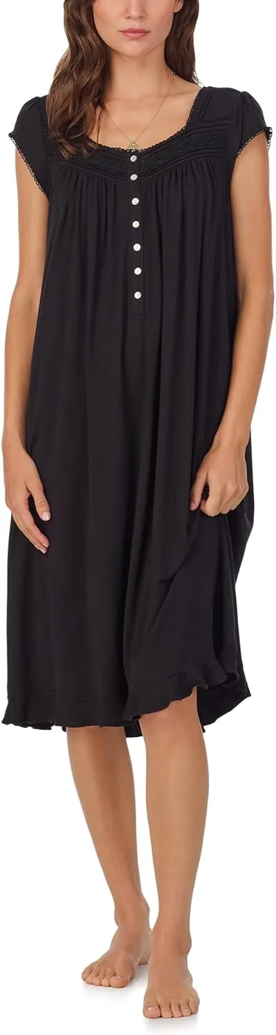 Eileen West Full Length Nightgown for Women - Soft Tencel Modal 42" Cap Sleeve Sleep Dress - Iconic Black, X-Small