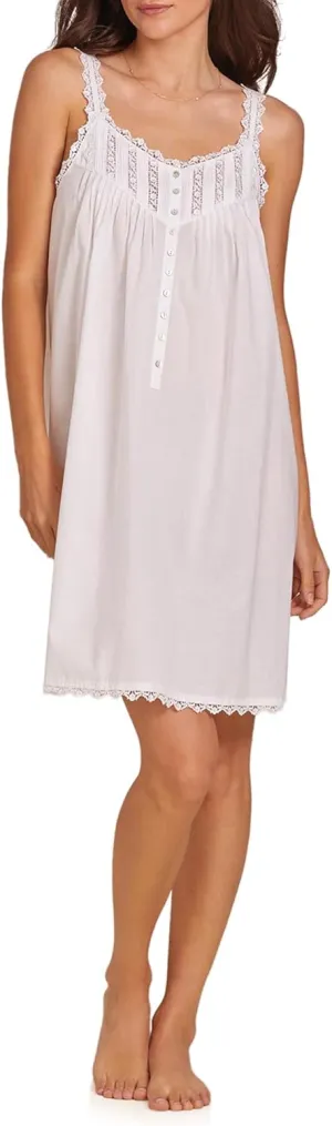 Eileen West Queen Anne's Lace Cotton Lawn Nightgown, Lace-Trimmed Spaghetti Straps, Akoya Shell Buttons, 36" Length