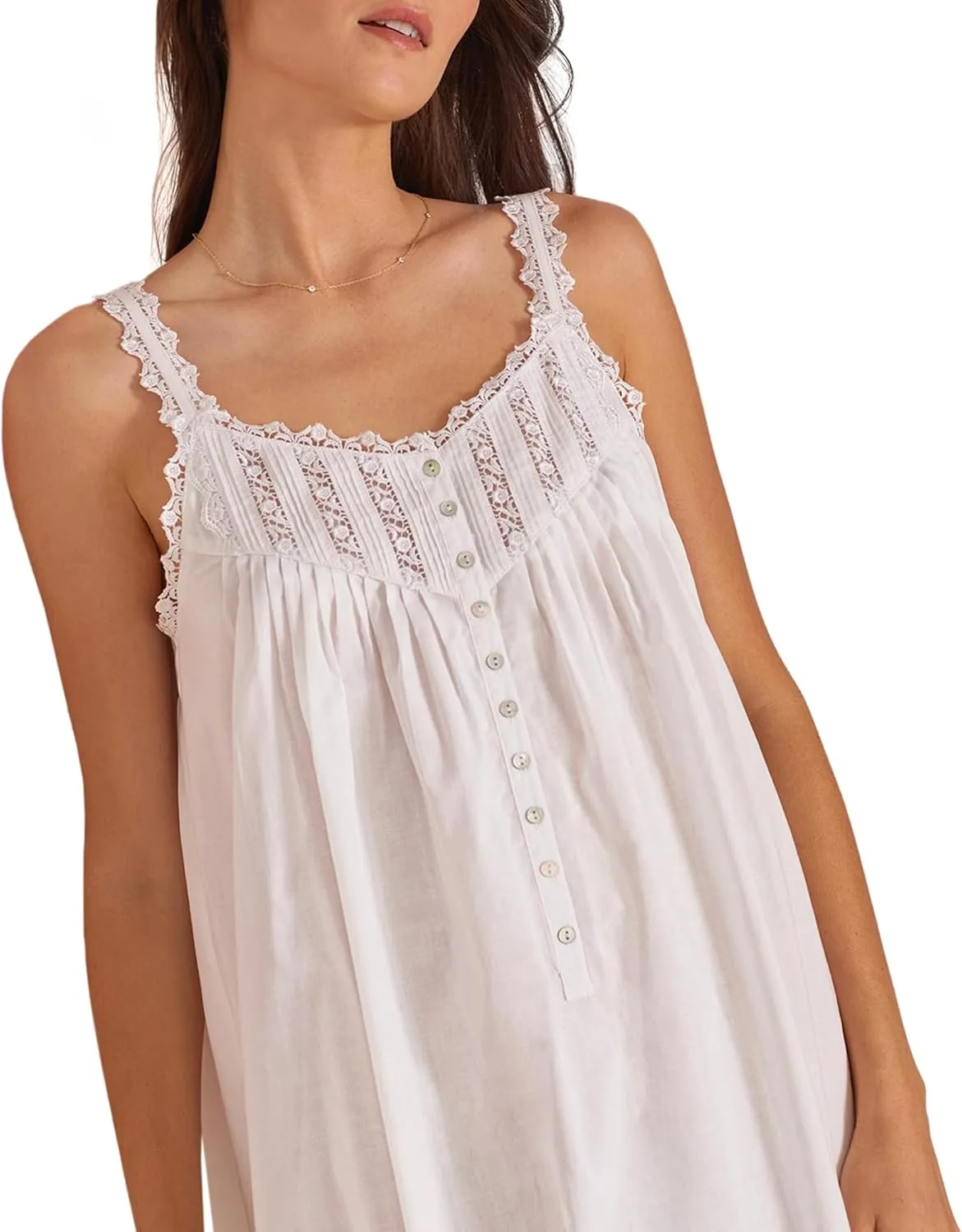 Eileen West Queen Anne's Lace Cotton Lawn Nightgown, Lace-Trimmed Spaghetti Straps, Akoya Shell Buttons, 36" Length