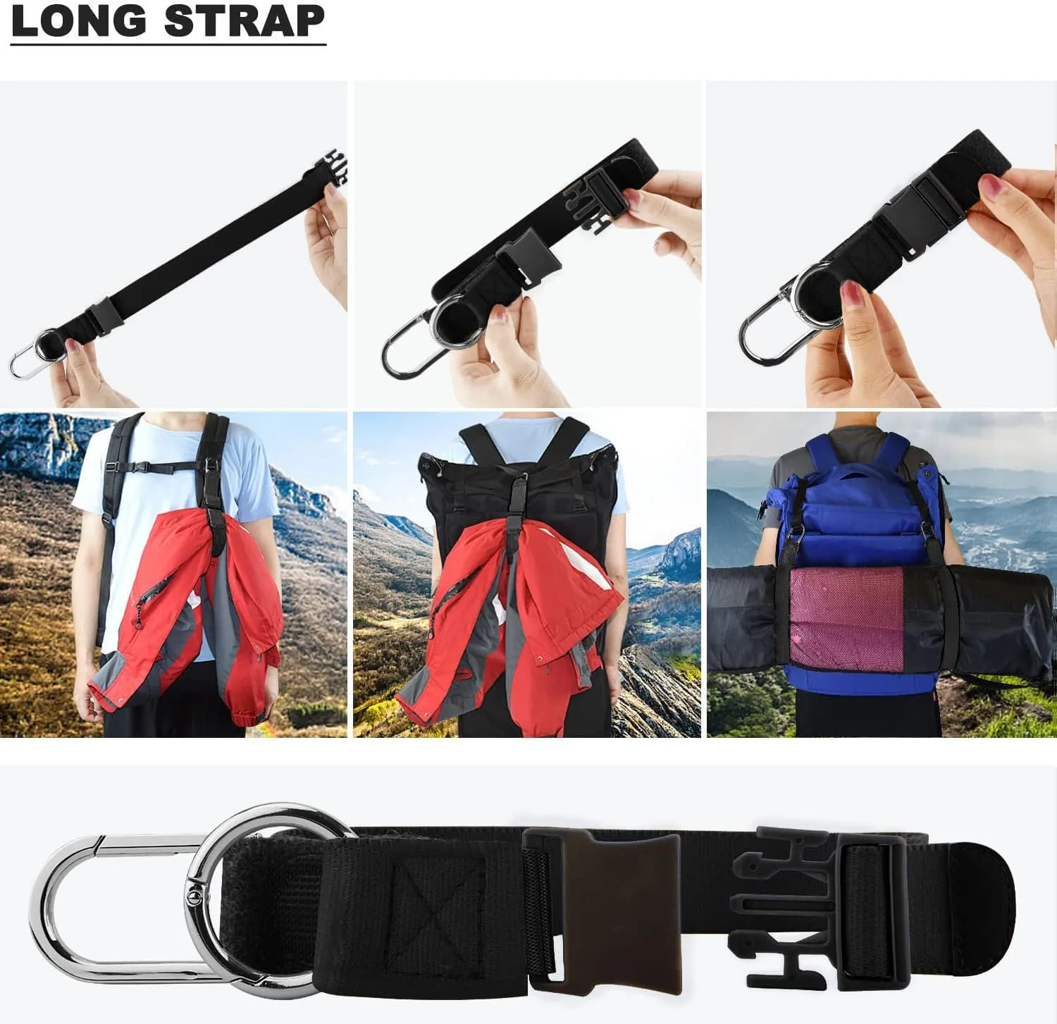 Elastic Jacket Gripper with D-Ring Hook and Buckle, ZINZ D-Ring Hook Baggage Suitcase Straps Belts Travel Accessories, Makes Your Hands Free