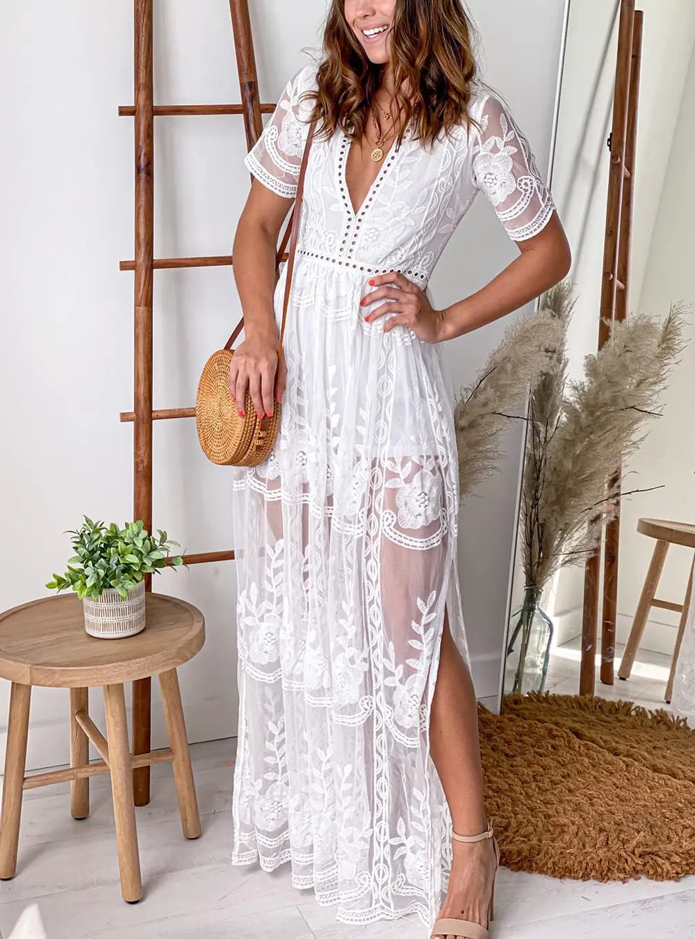 Eleter Women's Deep V-Neck Lace Romper Short Sleeve Long Dress