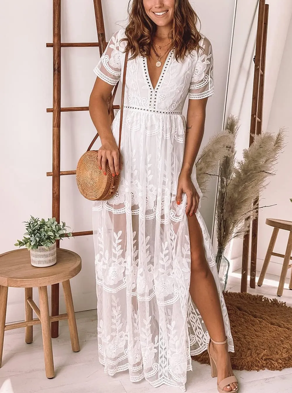 Eleter Women's Deep V-Neck Lace Romper Short Sleeve Long Dress