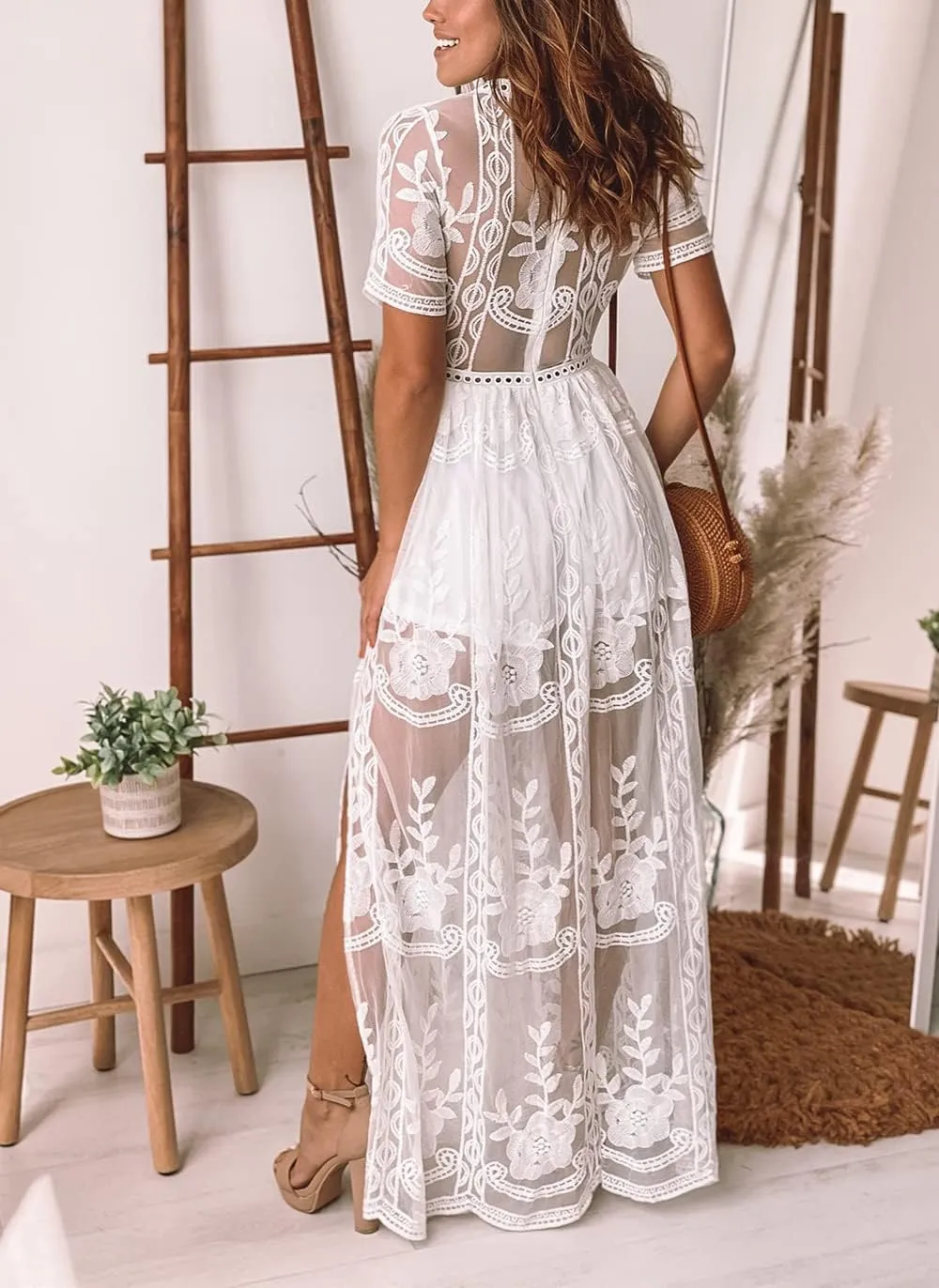 Eleter Women's Deep V-Neck Lace Romper Short Sleeve Long Dress