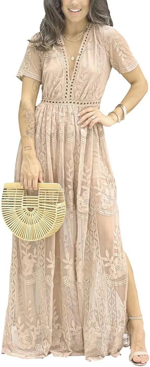 Eleter Women's Deep V-Neck Lace Romper Short Sleeve Long Dress