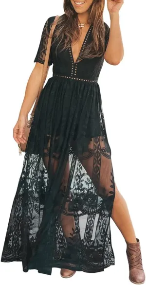 Eleter Women's Deep V-Neck Lace Romper Short Sleeve Long Dress