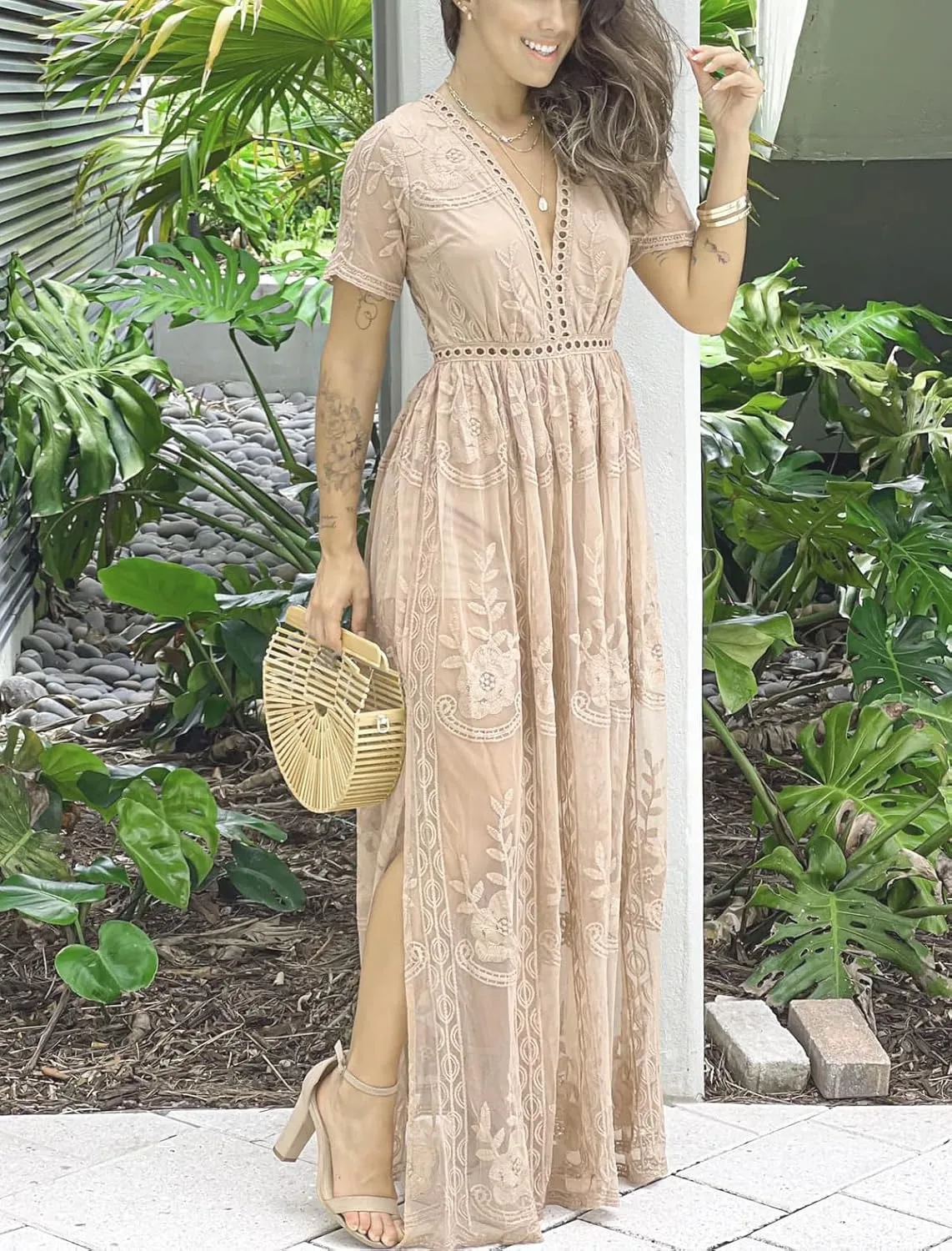 Eleter Women's Deep V-Neck Lace Romper Short Sleeve Long Dress