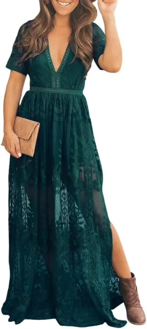 Eleter Women's Deep V-Neck Lace Romper Short Sleeve Long Dress