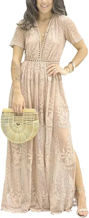 Eleter Women's Deep V-Neck Lace Romper Short Sleeve Long Dress
