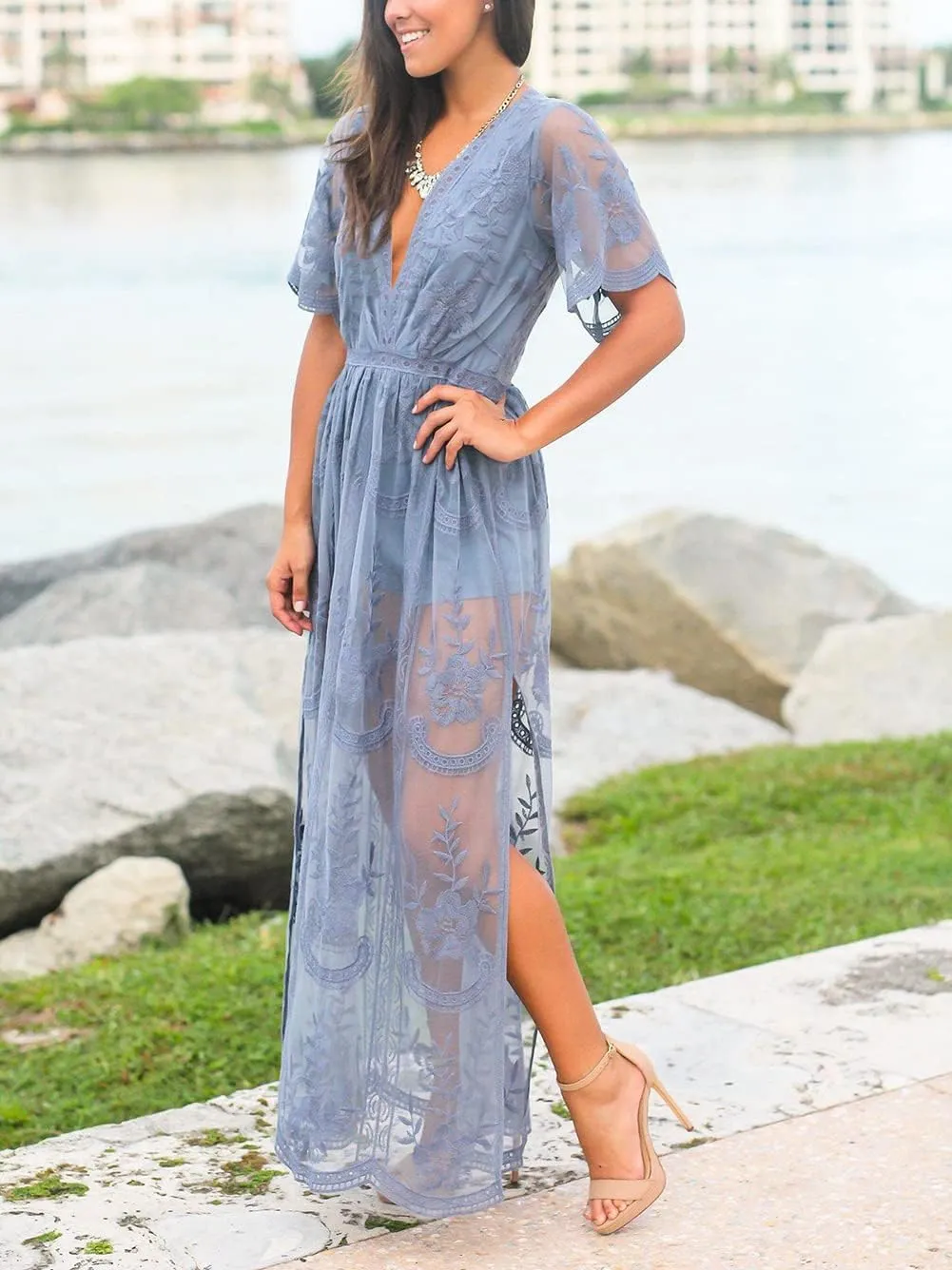Eleter Women's Deep V-Neck Lace Romper Short Sleeve Long Dress