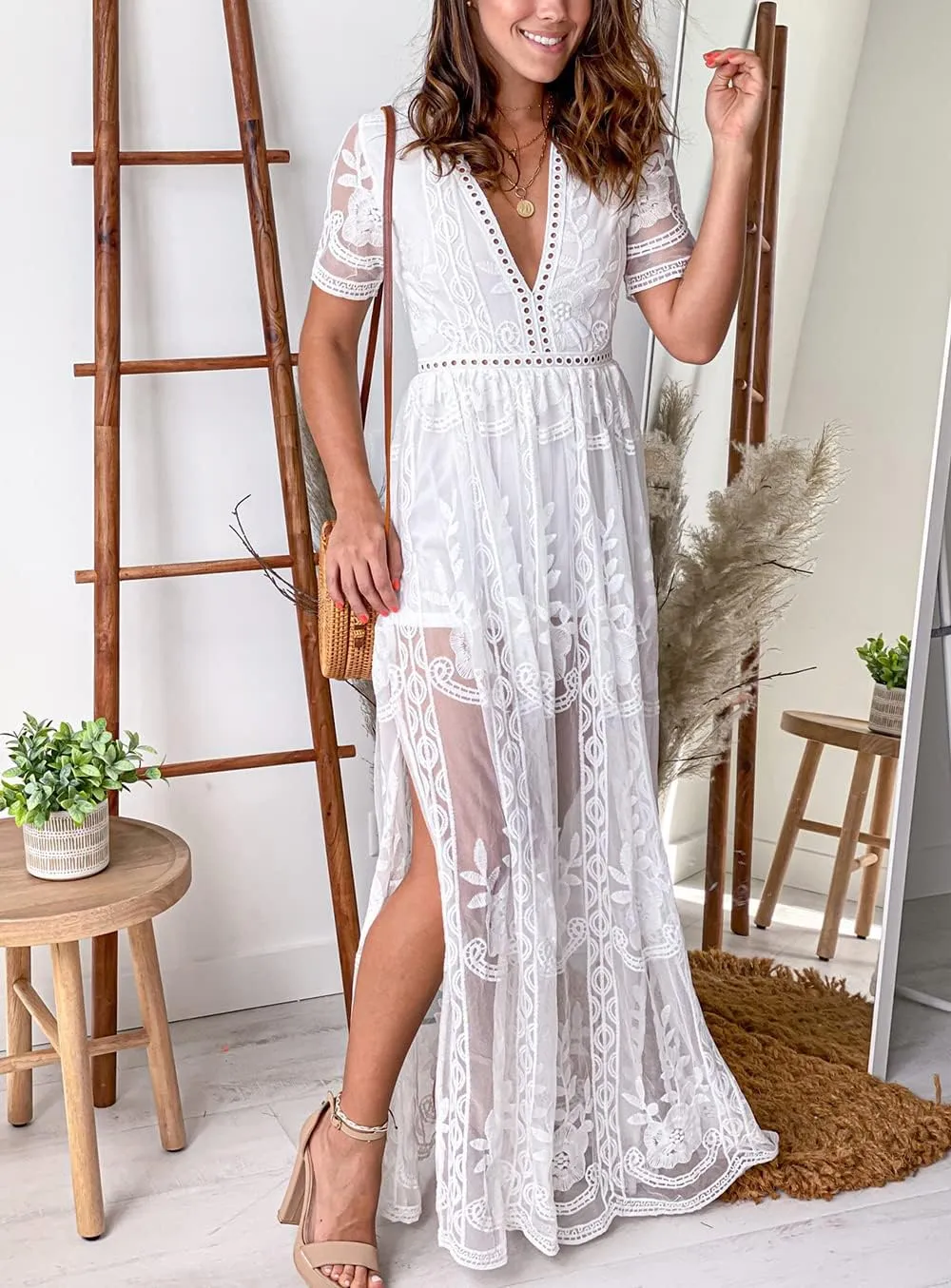 Eleter Women's Deep V-Neck Lace Romper Short Sleeve Long Dress