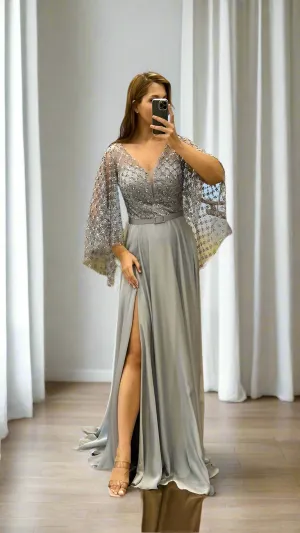 EMBELLISHED DRAPED SLEEVE & BUST A LINE GOWN
