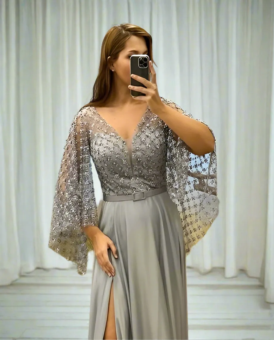EMBELLISHED DRAPED SLEEVE & BUST A LINE GOWN