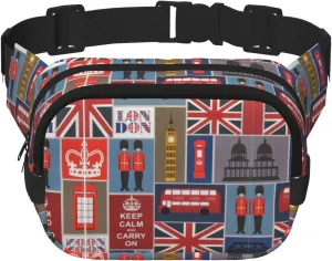 England Symbols Print Fashion Waist Packs Square Layer Waist Bag Black Belt Bag with Adjustable Strap