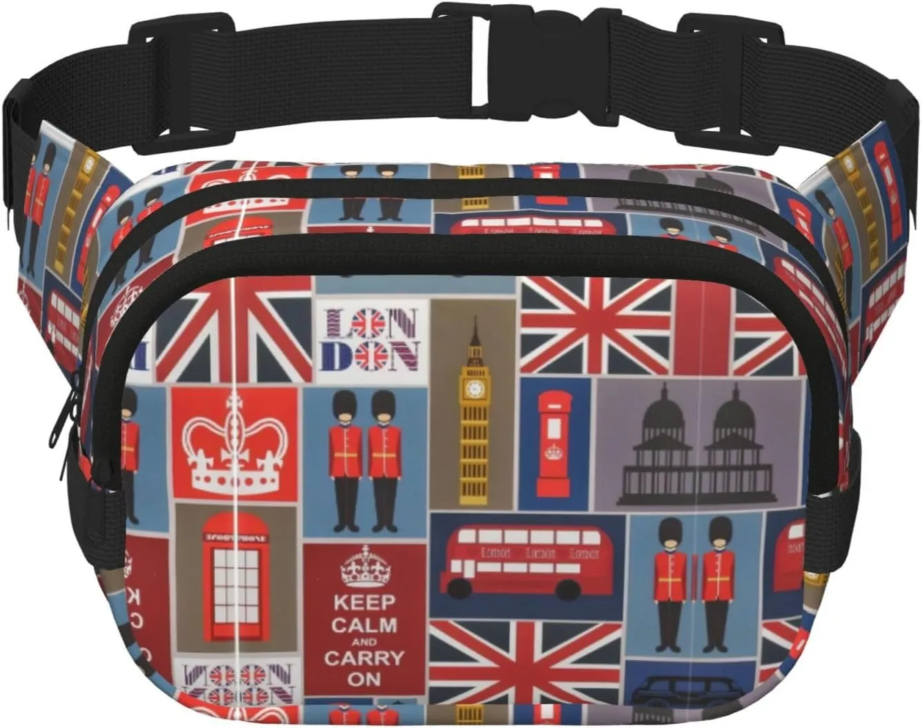 England Symbols Print Fashion Waist Packs Square Layer Waist Bag Black Belt Bag with Adjustable Strap