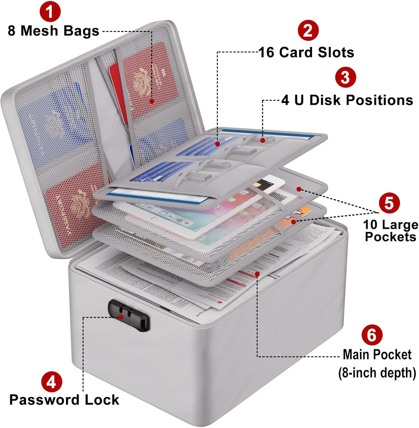 ENGPOW Large Document Organizer with Lock (15" x 11" x 8"), 4-Layer Fireproof ＆ Water-Resistant Safe Bag File Organizer Storage for Important Documents, Certificates, Laptop, Passports, Silver