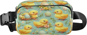 Exnundod Fanny Packs for Women & Men Cute Ducks Flowers Pattern, Waist Pack Happy Easter Crossbody Bags Belt Adjustable Strap for Running Hiking Workout