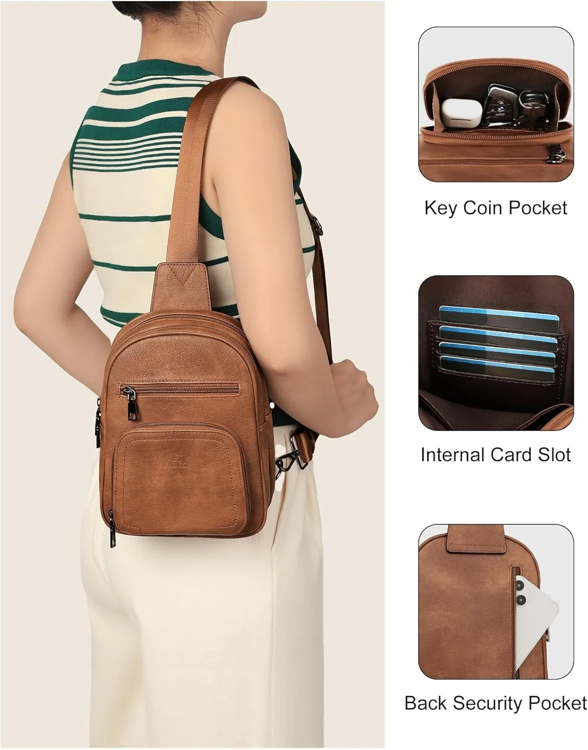 FADEON Sling Bags for Women Crossbody Bags, Designer PU Leather Sling Purse Multi-Pocket Packs with Card Slot Purse Brown