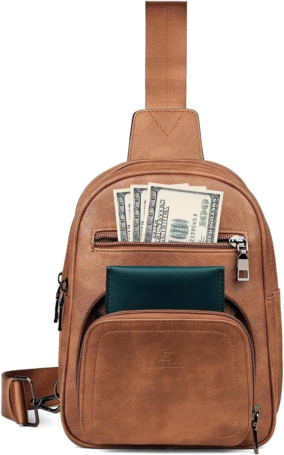 FADEON Sling Bags for Women Crossbody Bags, Designer PU Leather Sling Purse Multi-Pocket Packs with Card Slot Purse Brown